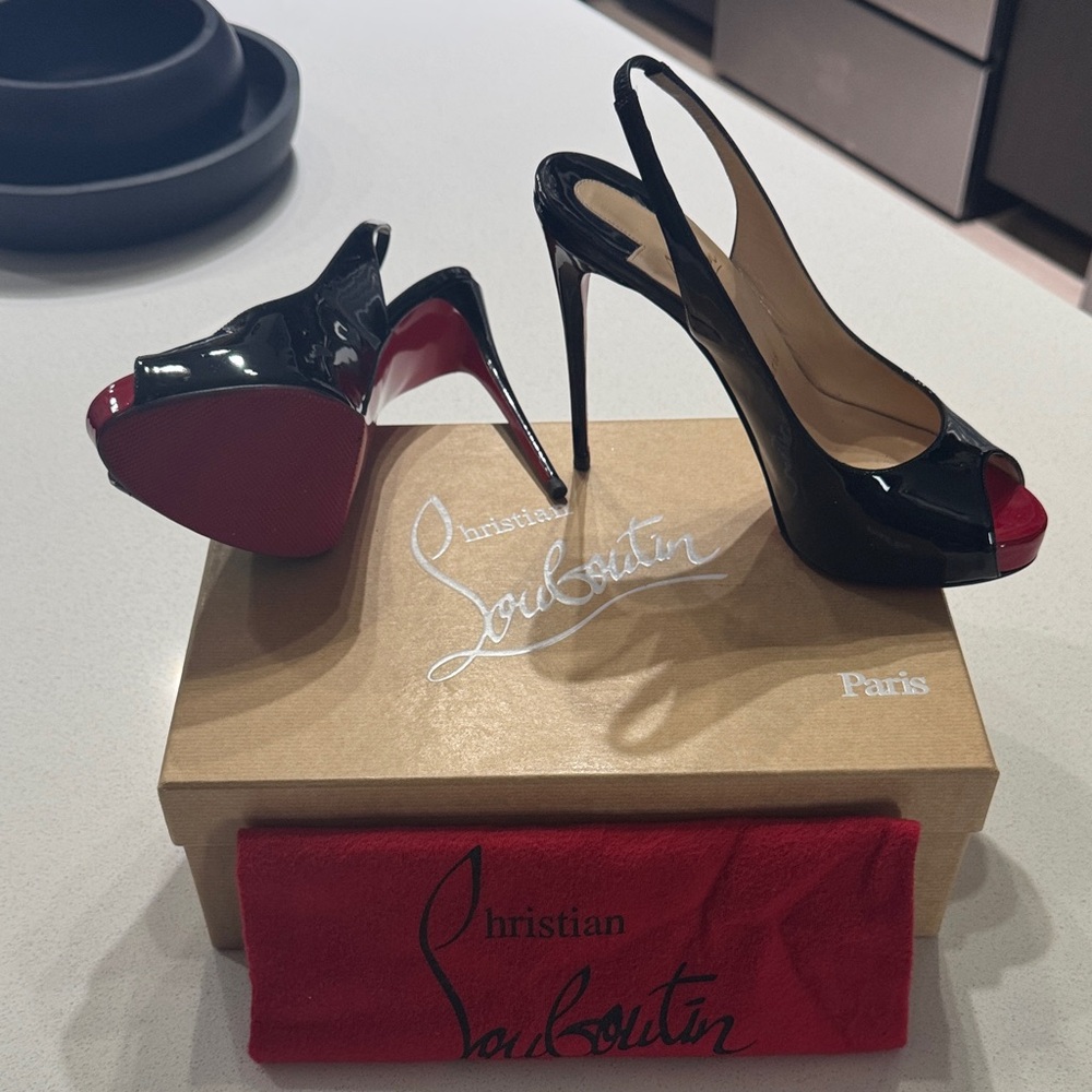 Christian Louboutin Black Slingback Heels with Red Soles